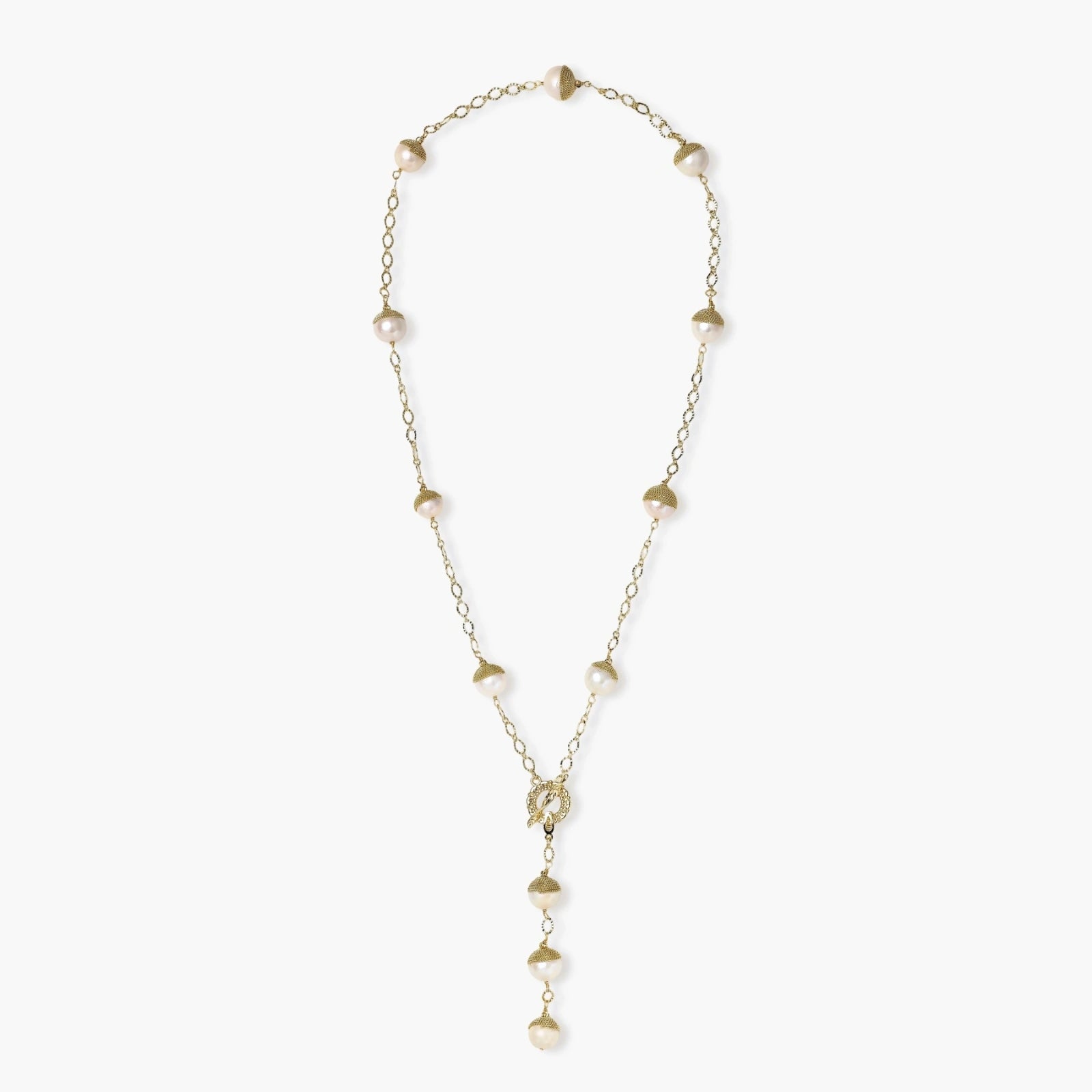 Gold-plated lariat necklace with baroque pearls and textured caps on cream background, showing adjustable Y-shaped design.