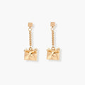 Modern geometric drop earrings with square stud posts, delicate chains, and textured square pendants in eco-zinc alloy