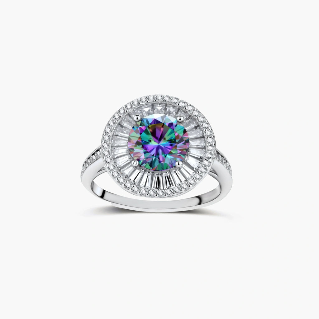 Close-up of sterling silver halo ring with round rainbow moissanite center stone surrounded by baguette-cut stones