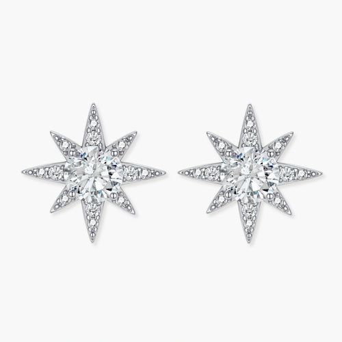 Sterling silver star-shaped stud earrings with brilliant moissanite center stones and pavé details on neutral background.