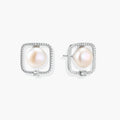 Rhodium-plated silver stud earrings with cushion frame, centered freshwater pearl, and tiny crystal accent