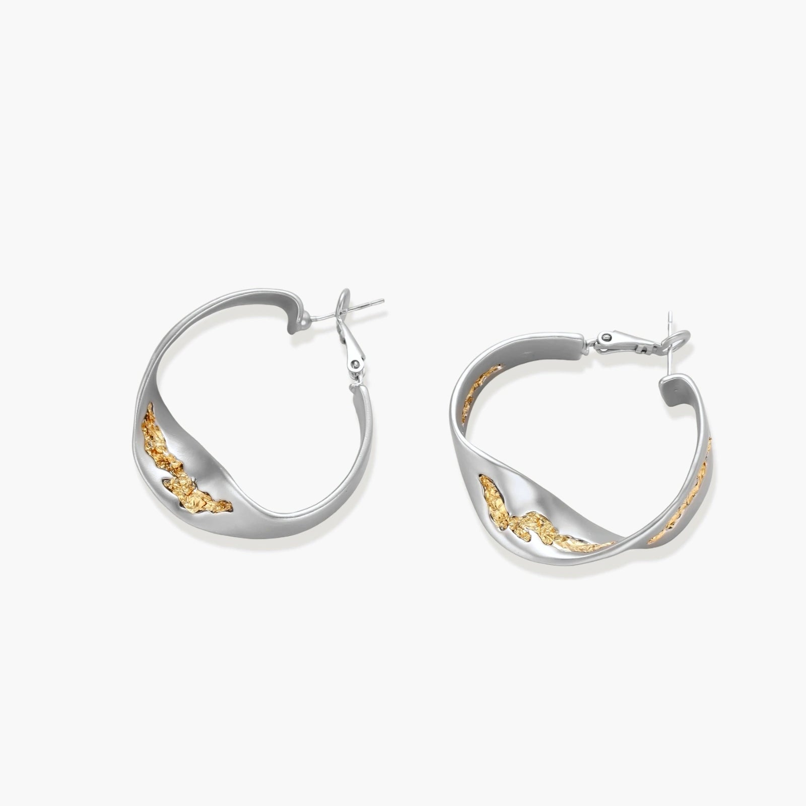 Silver hoop earrings with organic gold flowing accents, featuring eco-zinc alloy construction and secure posts.