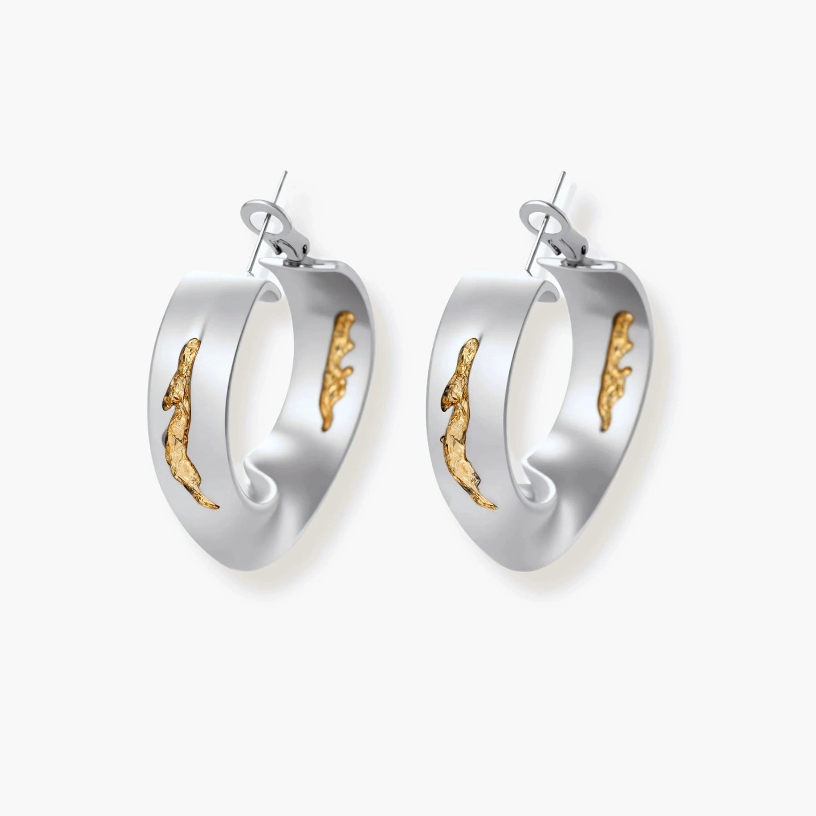 Silver hoop earrings with organic gold flowing accents, featuring eco-zinc alloy construction and secure posts.