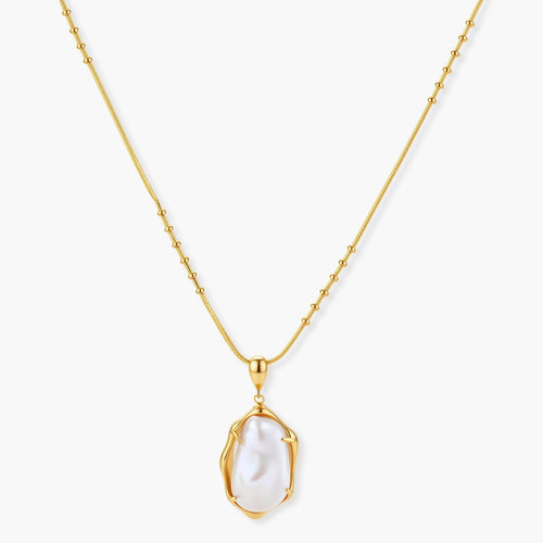 18K gold-plated sterling silver necklace with alternating bead chain and baroque pearl pendant on neutral background.