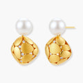 Gold-plated sterling silver drop earrings with white freshwater pearl studs and overlapping petal design with crystal accents
