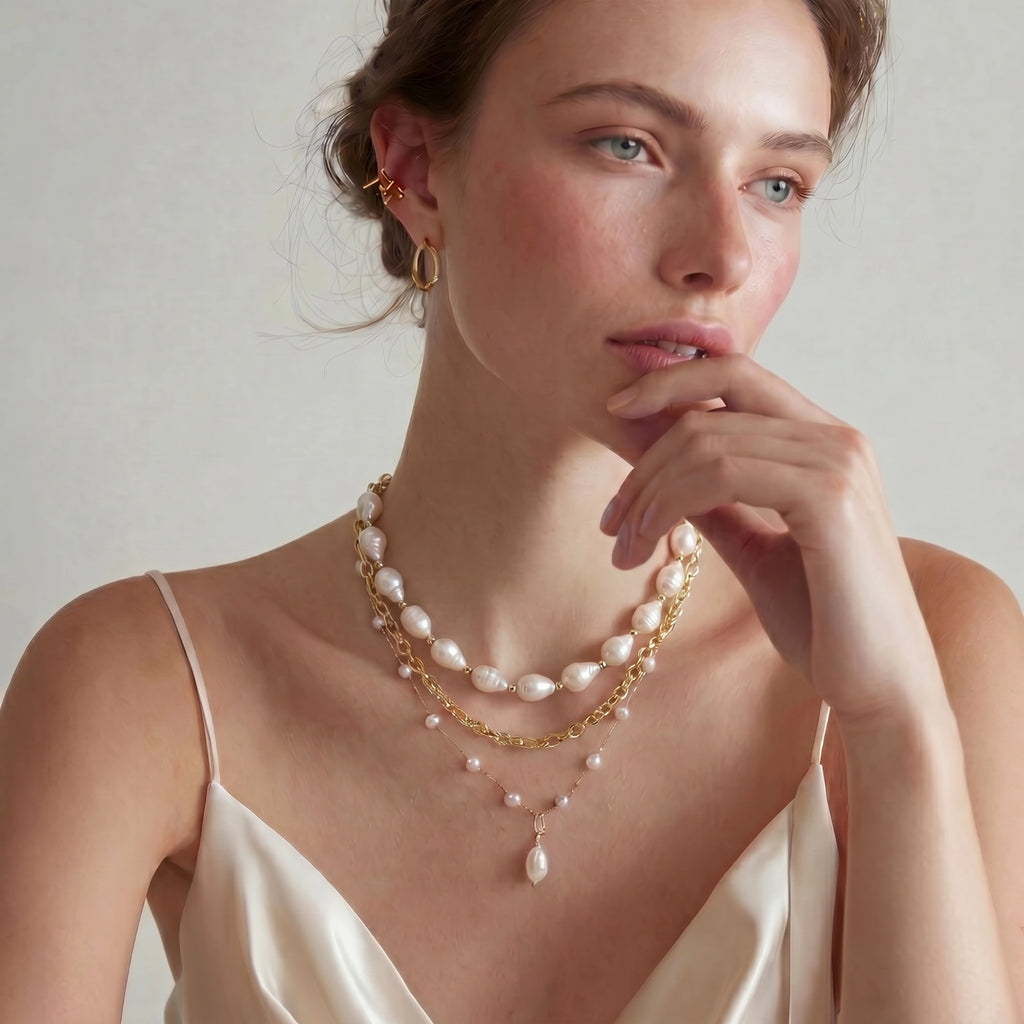 Golden Pearl Layers Necklace by Shaun's