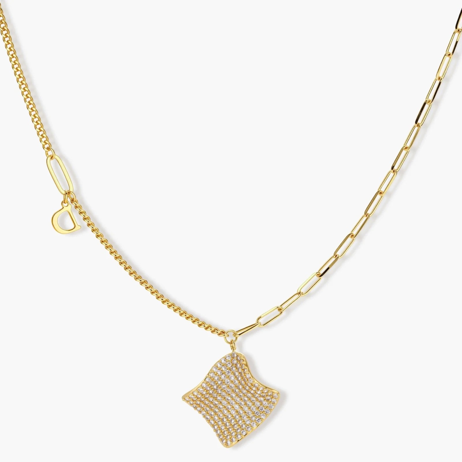 Gold-plated wavy jewelry set with crystal detailing featuring necklace with dual chains and matching textured earrings