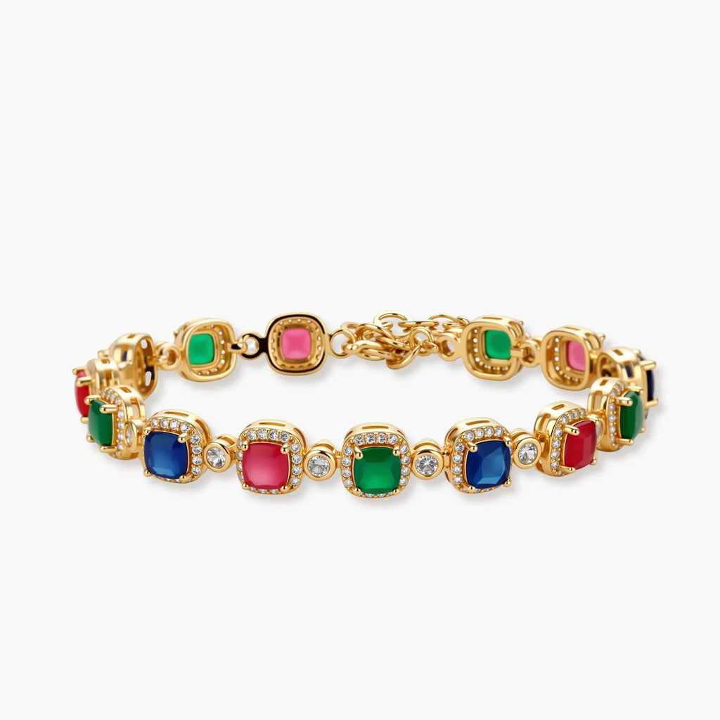 Gold-plated jewelry set with red, green, and blue cubic zirconia stones including necklace, bracelet, and drop earrings.