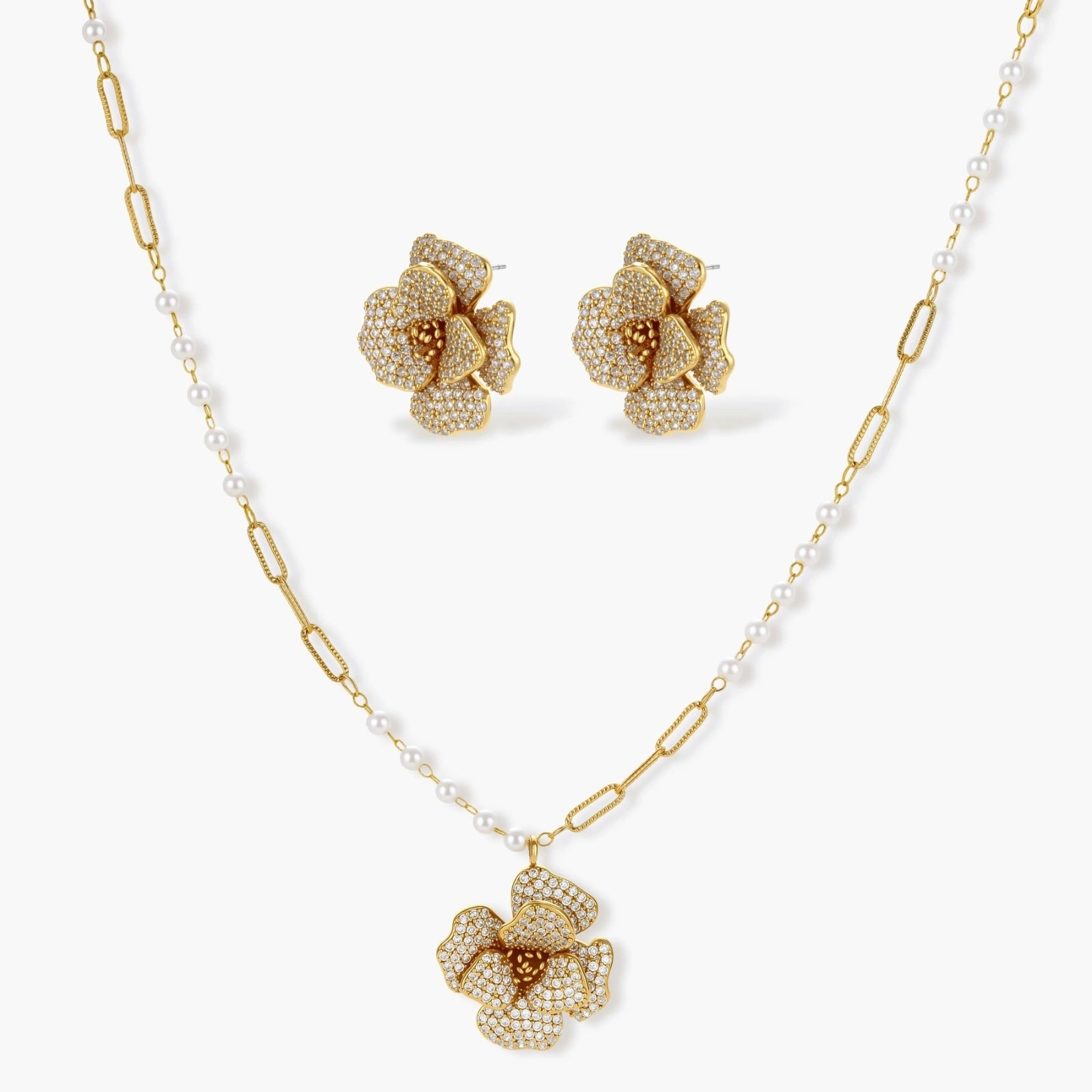14K gold-plated flower jewelry set with zirconia crystals, featuring dimensional petal necklace and matching earrings